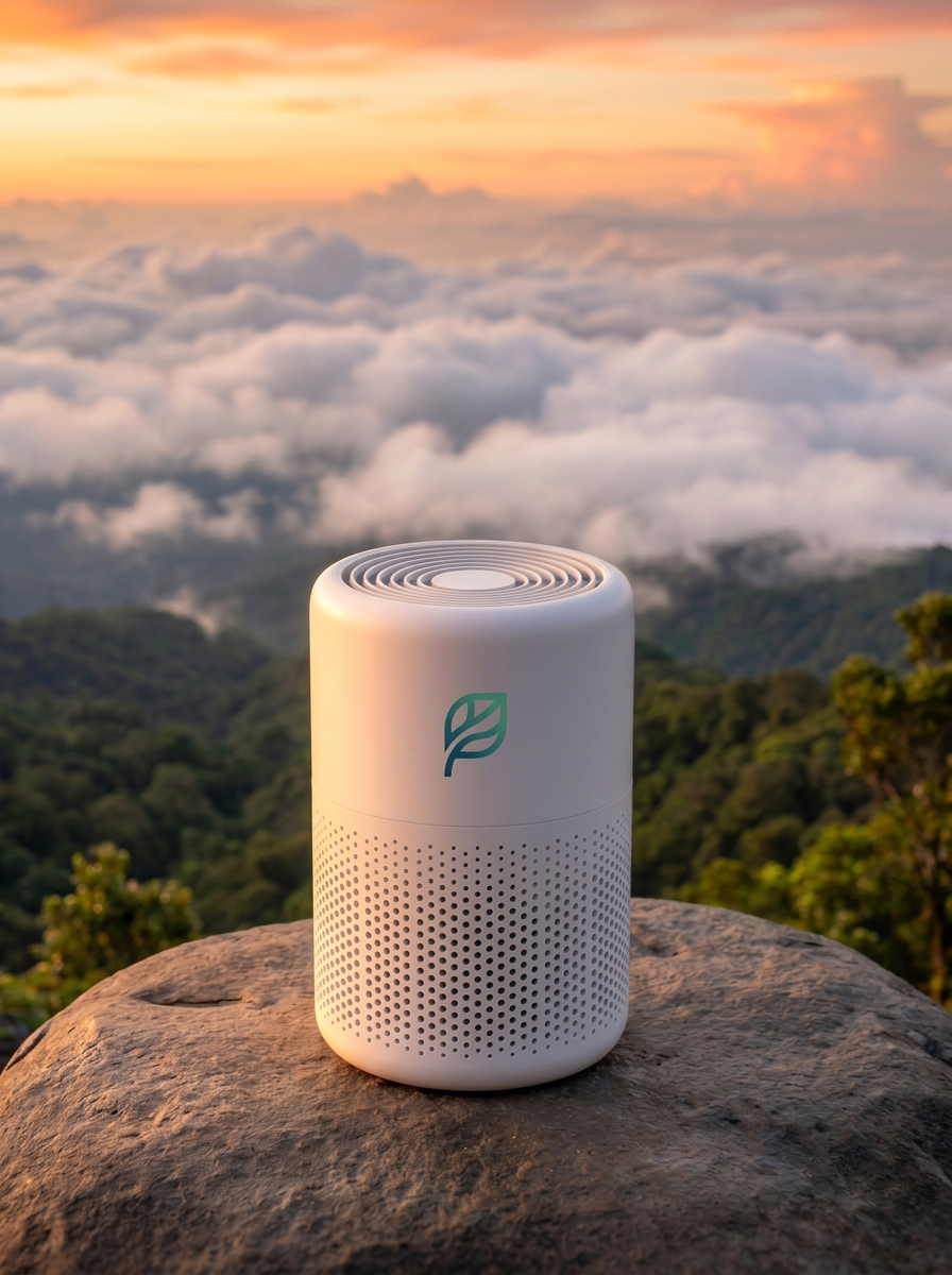 R-Flow purifier on a mountain summit at sunrise above the clouds