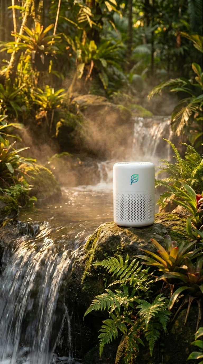 R-Flow purifier on a mossy rock beside a tropical waterfall